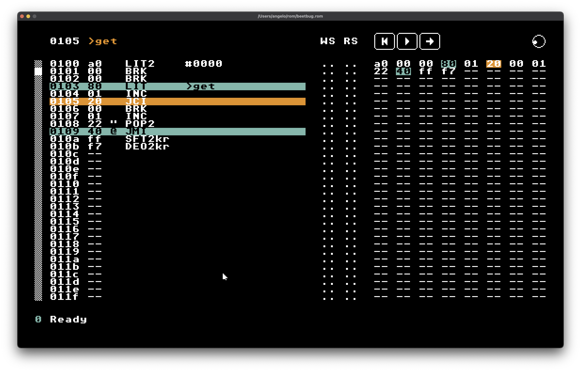 Screenshot of beetbug debugger showing disassembled code, and memory view