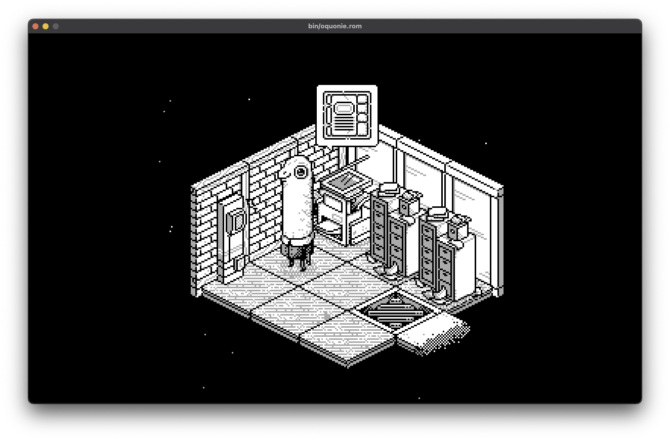 Screenshot of Oquonie. A game by 100 Rabits studio. The biggest UXN program to date -- ROM is around 500KiB