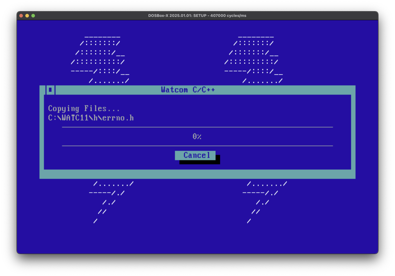 Screenshot of DosBox-X with Watcom C/C++ 11.0 installation in progress.