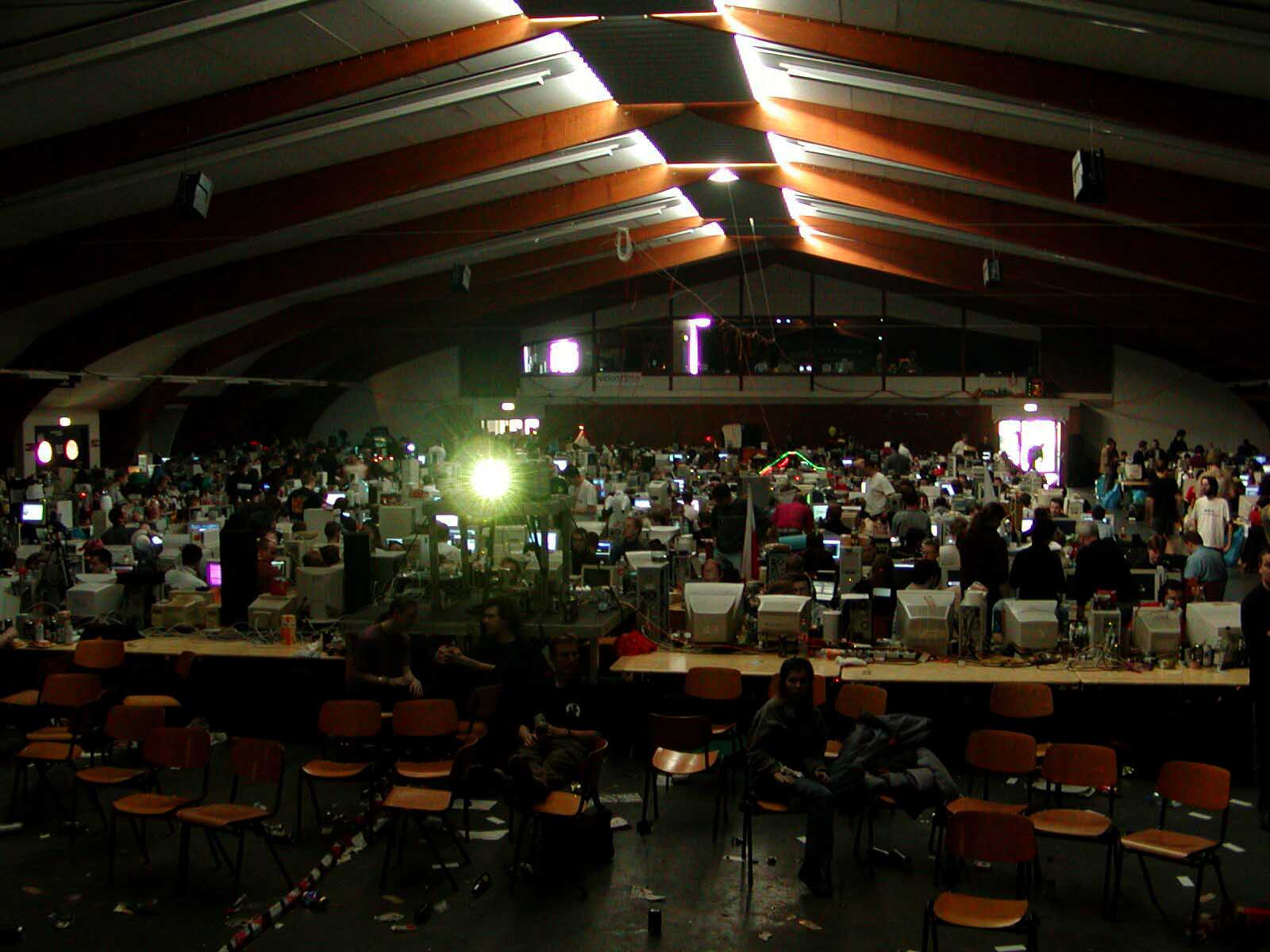 Heidmarkhalle during Mekka & Symposium demoparty. Glowing CRT monitors in the dark