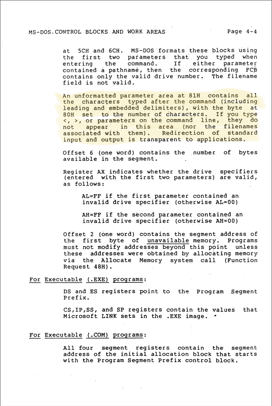 Screenshot of MS-DOS 3.2 Manual. Highlighted text says: An unformatted parameter area at 81H contains all the characters typed after the command (including leading and embedded delimiters), with the byte at 80H set to the number of characters. If you type <, >, or parameters on the command line, they do not appear in this area (nor the filenames associated with them). Redirection of standard input and output is transparent to applications.