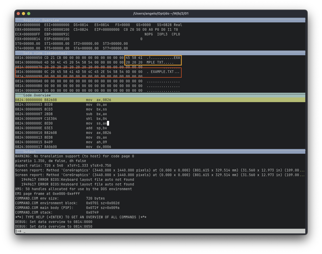 Screenshot of DosBox-X debugger. There are 4 windows: Register Overview, Data view, Code Overview and Output. Data View has two rectangles highlighting portions of memory dump. Red rectange highlights memory at 0814:080 that points to command-tail, and orange rectangle highlights memory at 0814:5C where File Control Block is.