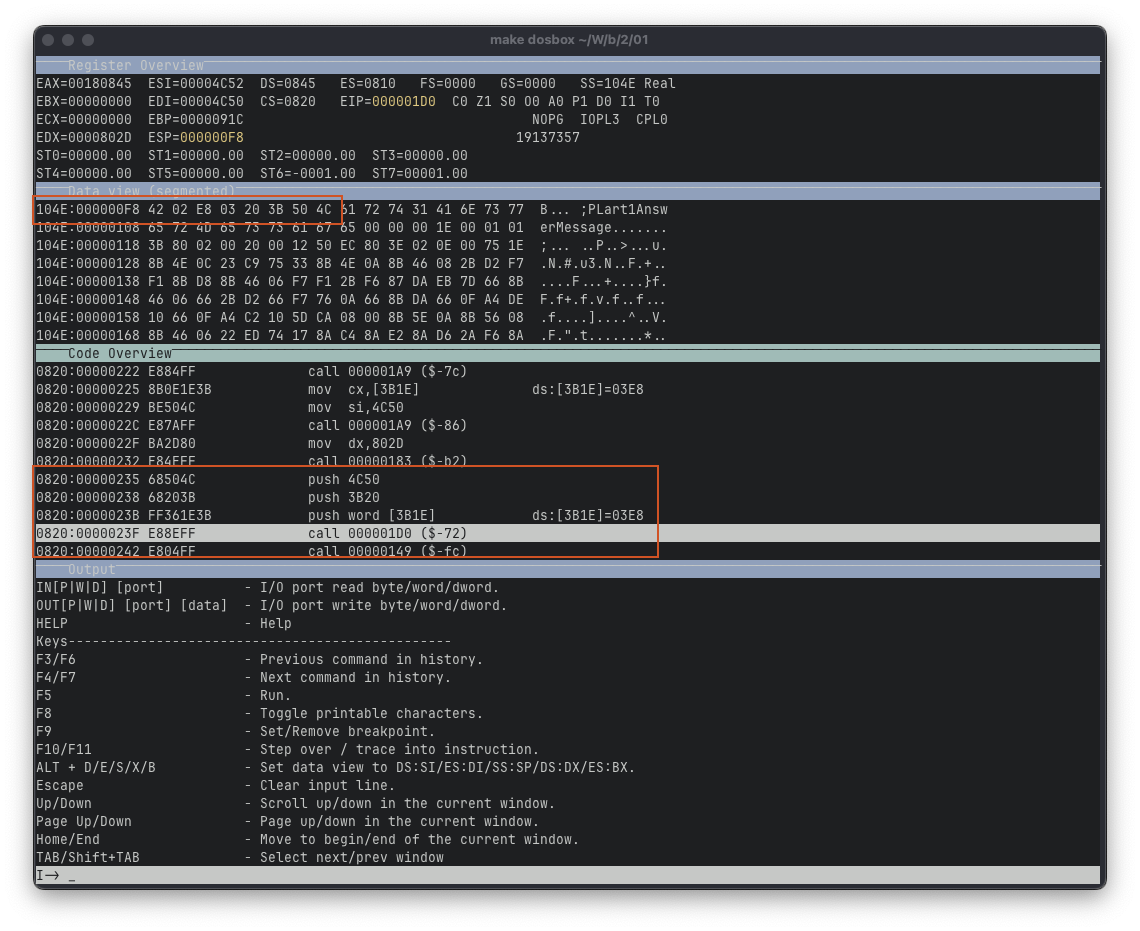 Screenshot of DosBox-X debugger. There are 4 windows: Register Overview, Data view, Code Overview and Output. Code Overview has a piece of code highlighted. The code does push 4C50; push 3B20; push word [3B1E]; call 000001D0; The data view has a rectangle highlighting corresponding stack area and shows how parameters and return address for the function look on the stack.