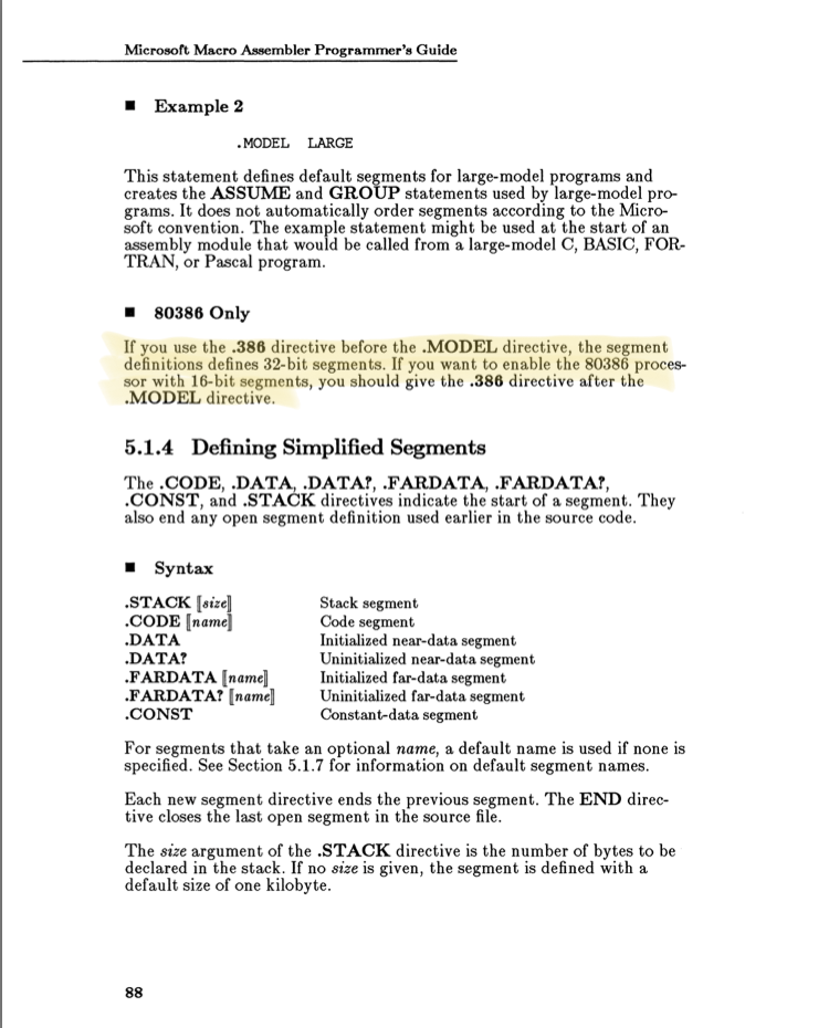 A page from Microsoft Macro Assembler Programmer's Guide manual. Highlighted text says: If you use the .386 directive before the .MODEL directive, the setgment definitions defines 32-bit segments. If you want to enable the 80386 processor with 16-bit segments, you should give the .386 directive after the .MODEL directive.